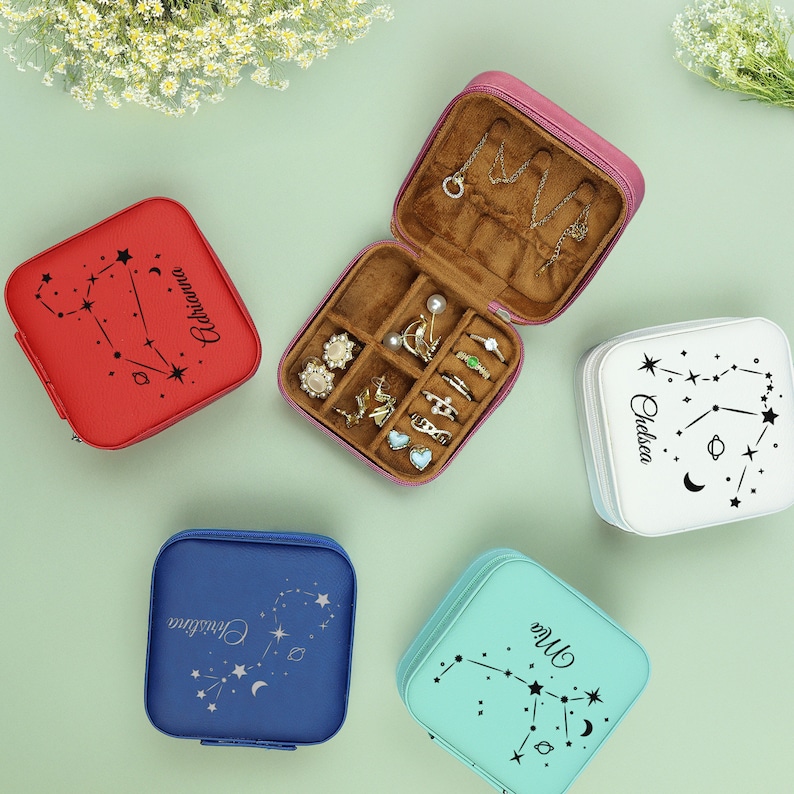 Zodiac Sign Jewelry Box, Star Sign, Travel Jewelry Box, Custom Jewelry Box, Birthday Gift for Women, Zodiac Sign Gift, Engraved Jewelry Case