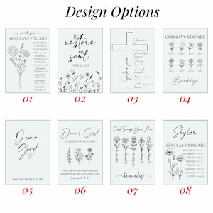 Puede incluir: Se muestran ocho opciones de dise&ntilde;o, cada una con citas inspiradoras y dise&ntilde;os florales o de cruz. El texto incluye frases como "Dios dice que eres" y nombres como "Madison" y "Brooklyn".