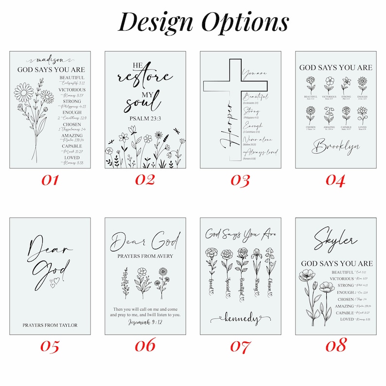 Puede incluir: Se muestran ocho opciones de dise&ntilde;o, cada una con citas inspiradoras y dise&ntilde;os florales o de cruz. El texto incluye frases como "Dios dice que eres" y nombres como "Madison" y "Brooklyn".