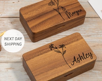 Custom Birth Flower Black Walnut Jewelry Box, Personalized Gift