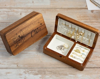 Custom Engraved Wooden Jewelry Box – Personalized Name & Birth Flower Keepsake