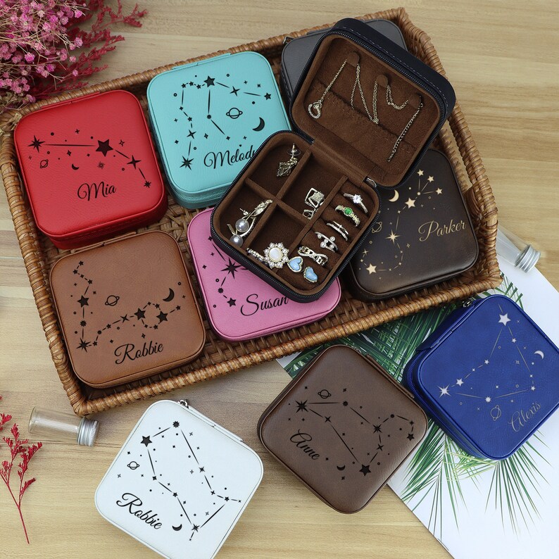 Zodiac Sign Jewelry Box, Star Sign, Travel Jewelry Box, Custom Jewelry Box, Birthday Gift for Women, Zodiac Sign Gift, Engraved Jewelry Case