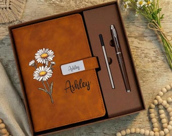 Personalized Birth Flower Leather Journal & Pen Set, Custom Name Gift Box