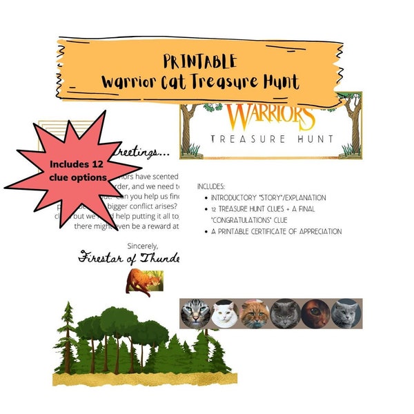 PRINTABLE Warrior Cat Treasure Hunt | Warrior Cat Party | Warrior Cat Birthday | Party Game | Download