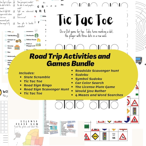 PRINTABLE BUNDLE Roadtrip Games | 19 pages of Activities | Boredom Buster Games, Scavenger Hunts, and Puzzles