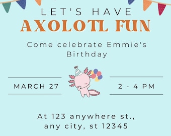 Invito per la festa di Axolotl – Invito di compleanno modificabile e stampabile (download digitale)