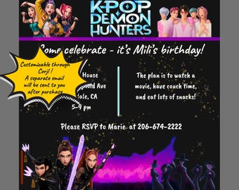 Invito di compleanno K-Pop Demon Hunters / Modello Corjl modificabile / Invito per festa con download digitale / Invito per festa K-Pop stampabile