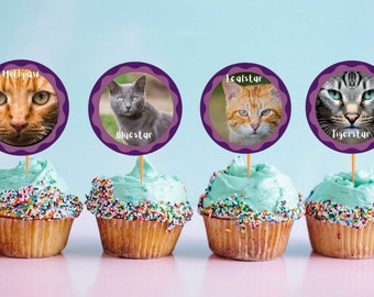 Decorazioni per cupcake a forma di gatto guerriero: decorazioni viola per feste di compleanno (digitali)