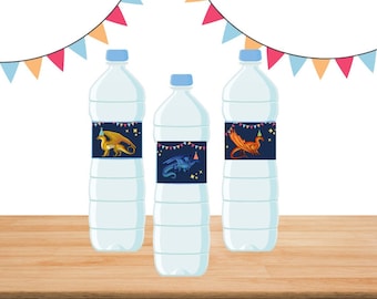 Envoltorios para botellas de agua de dragón IMPRIMIBLES / Fiesta Alas de Fuego / Azul Marino / Digital