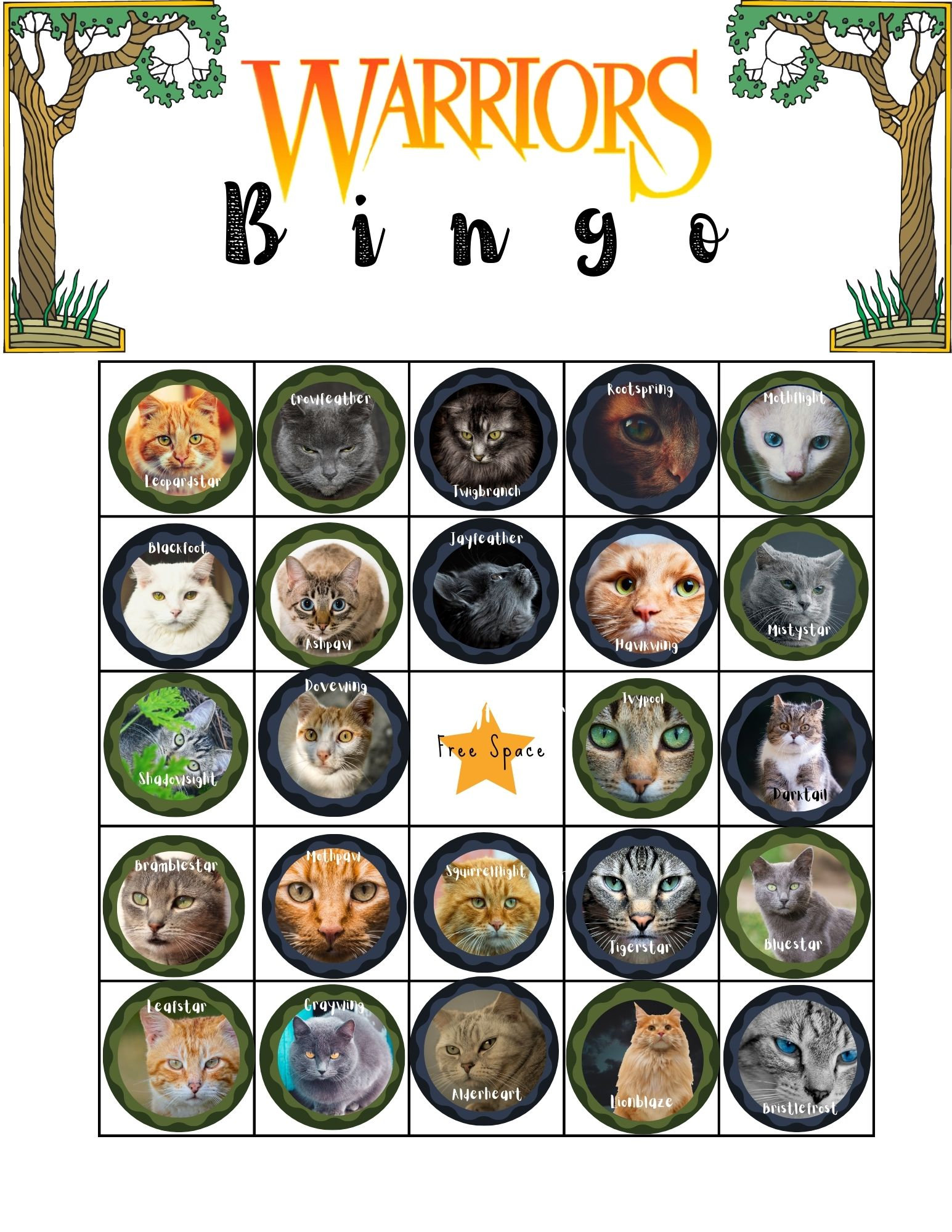 PRINTABLE Warrior Cat Bingo Warrior Cat Birthday Warrior - Etsy