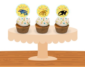 Adornos para cupcakes de dragón amarillo para imprimir / Alas de fuego / Fiesta de cumpleaños / Digital