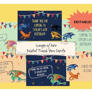 Cartes de correspondance pliées imprimables Dragon | de remerciements | Fête des Ailes de Feu | Modifiable | Personnalisable | Numérique