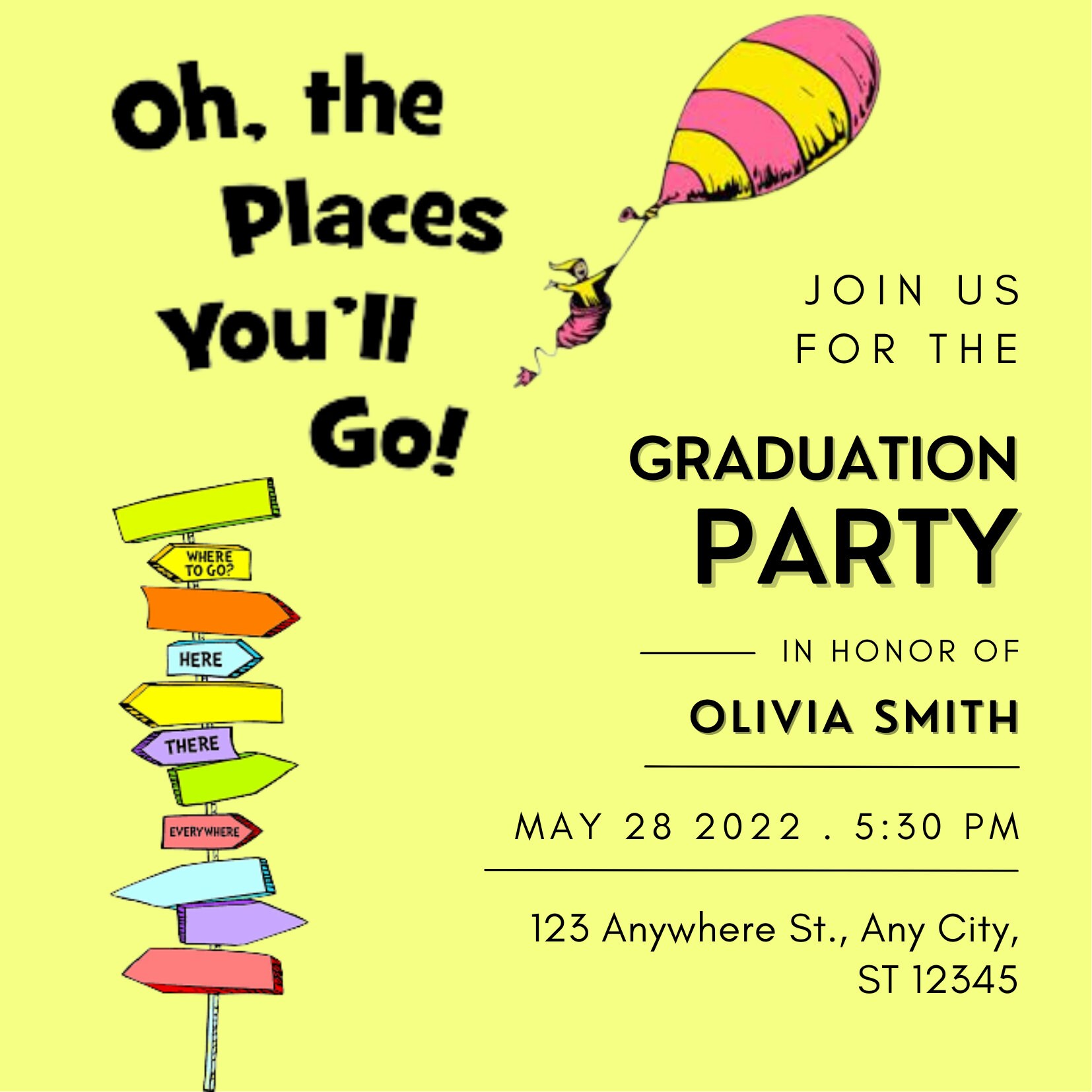 CUSTOMIZABLE oh the Places You'll Go Invitation Graduation Party Printable Digital File - Etsy