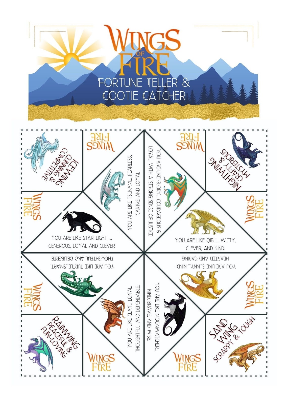 PRINTABLE Dragon Fortune Teller Cootie Catcher Birthday Party Wings of