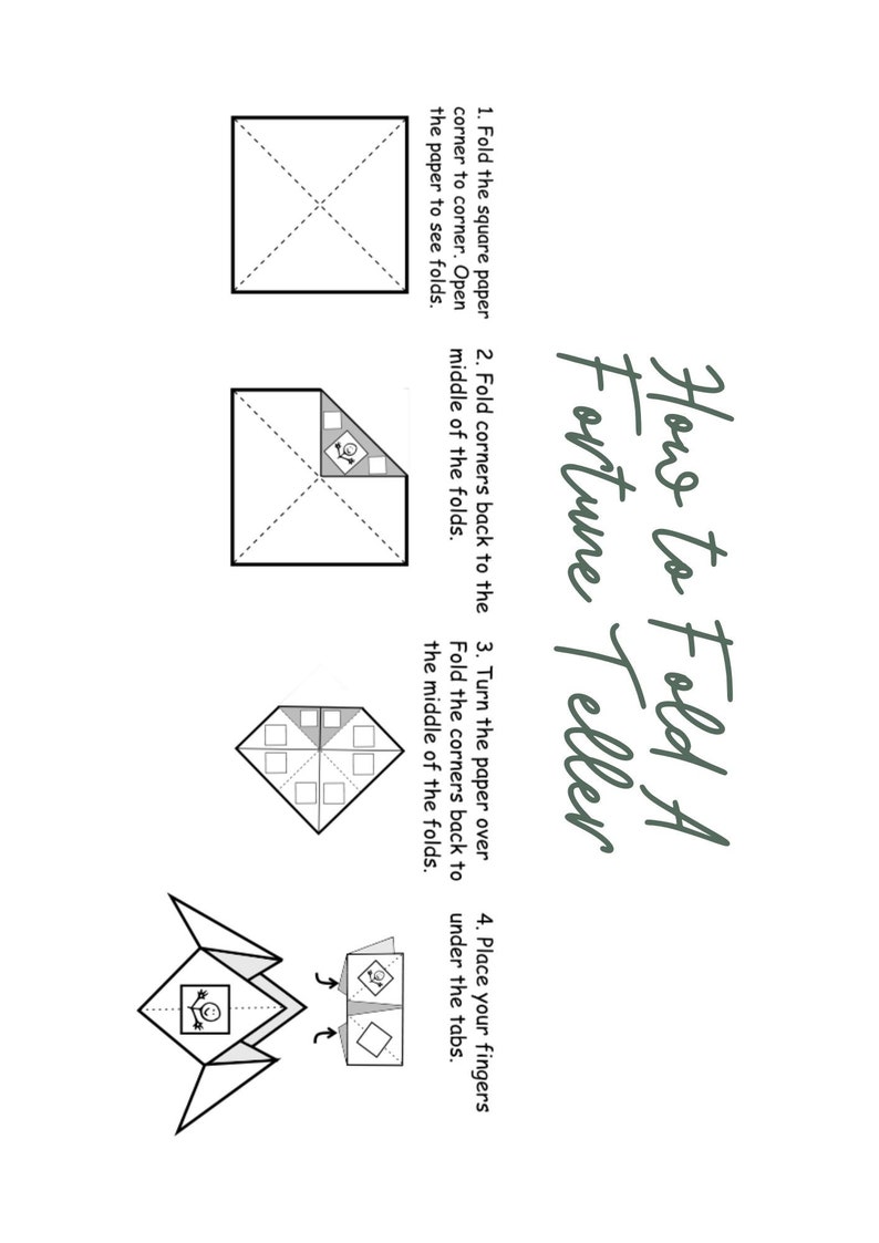May include: White paper with instructions on how to fold a fortune teller. The steps are illustrated with diagrams and numbered. The title "How to Fold A Fortune Teller" is written in cursive.