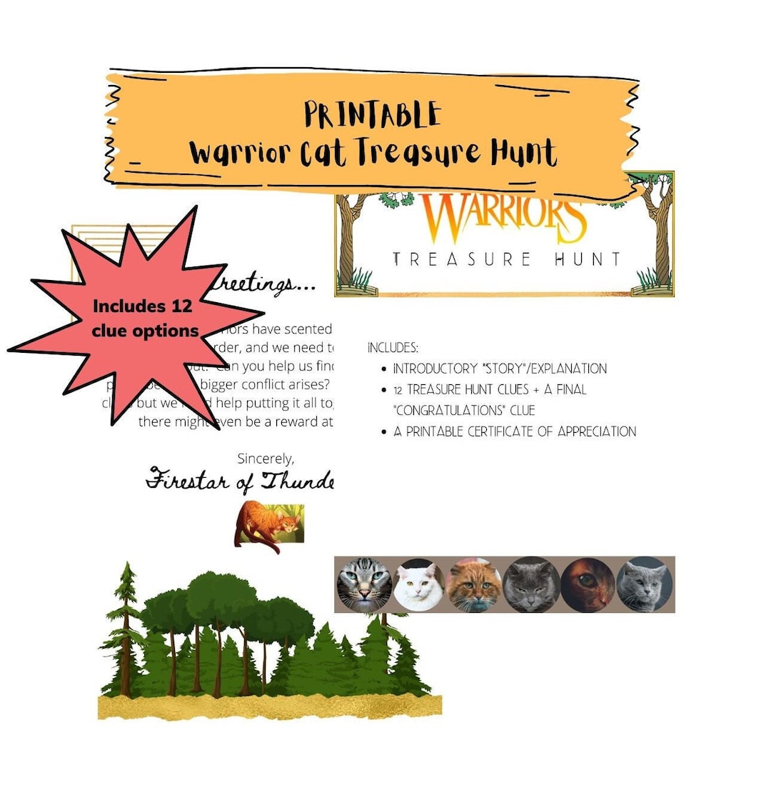 PRINTABLE Warrior Cat Treasure Hunt | Warrior Cat Party | Warrior Cat Birthday | Party Game ...