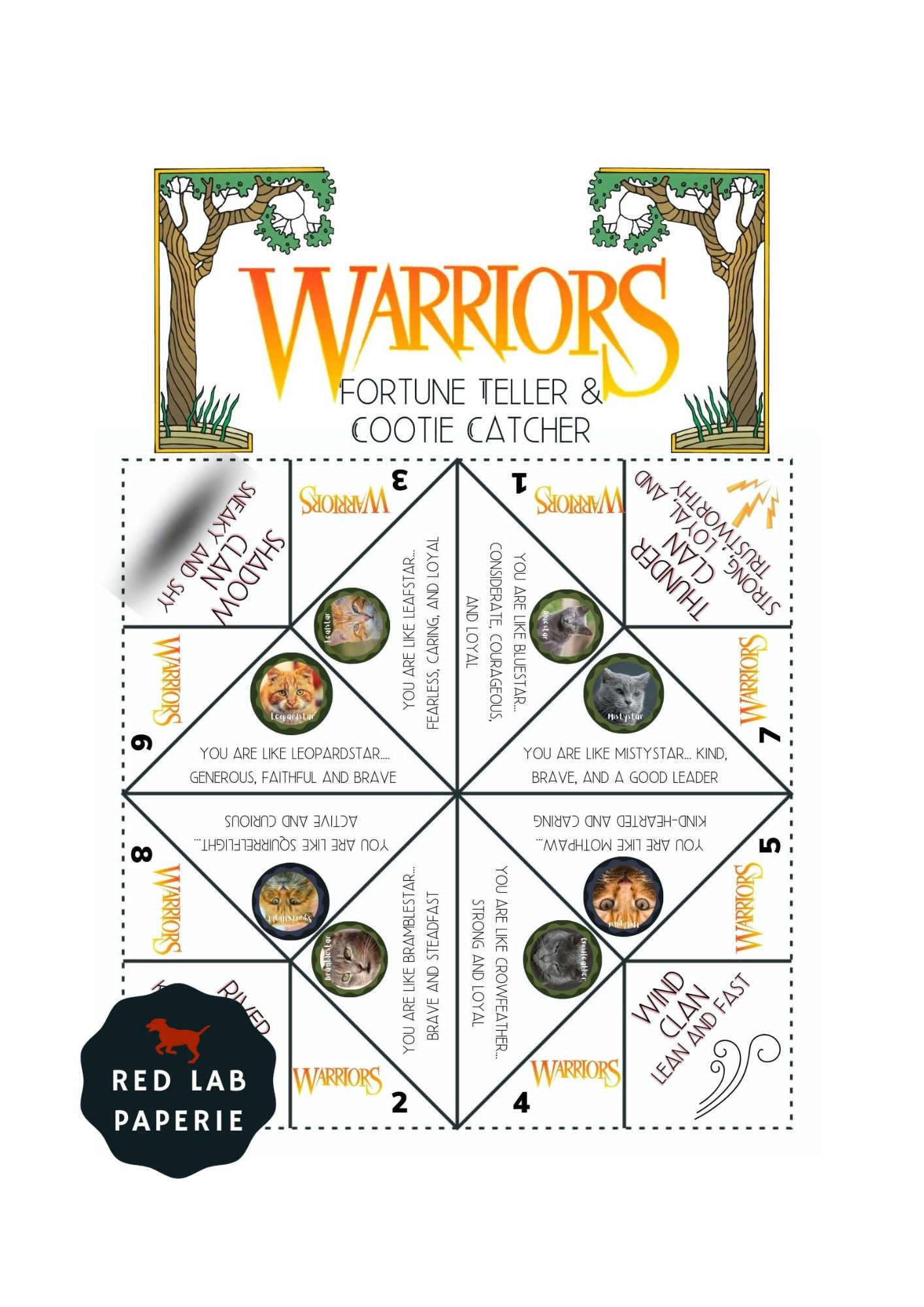 PRINTABLE Warrior Cat Fortune Teller | Cootie Catcher | Party Game | Birthday Party - Etsy
