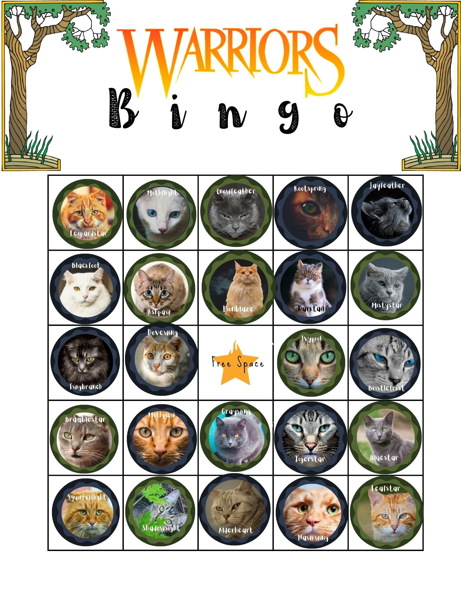 PRINTABLE Warrior Cat Bingo Warrior Cat Birthday Warrior Etsy