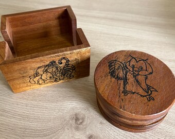 Engraved Winnie The Pooh Acacia Wood Coaster Set with Holder