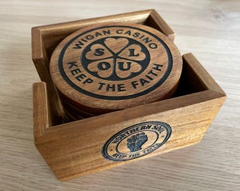 Northern Soul Wooden Coaster Set. Premium Quality. 6 Individual Coasters Plus An Engraved Holder. Awesome Set, Best Seller!!!