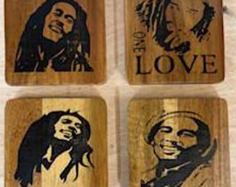 Bob Marley Coaster Set: Engraved Wooden Tribute, Set of 4