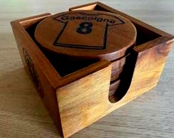 Football Coaster Set. Any Team - Any Name - Any Shirt Number!! You Choose The Lot!! Solid Wooden Coasters In A Beautifully Engraved Holder.