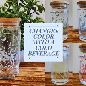Color Changing Wizard Castle Glass | 16 or 20 oz Beer Can Cup | Magical Sorting Colors Iced Coffee Tumbler with Lid & Straw