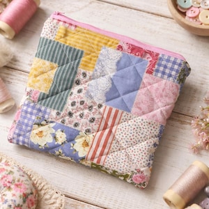 May include: A quilted patchwork zippered pouch with a pink zipper. The pouch features a variety of floral and patterned fabrics in shades of blue, pink, yellow, and white. Sewing notions, including thread spools and scissors, are in the background.