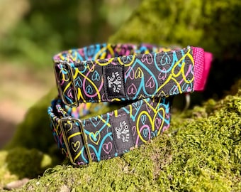 Martingale Patterned Collar. 38 mm 'Multi heart' Patterned cotton with polypropylene webbing and metal D ring, Dog Collars