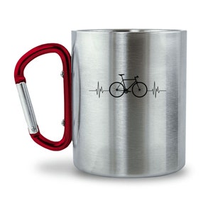 Heartbeat bicycle - carabiner cup made of stainless steel with carabiner handle - motif shows an ECG, or pulse and a bicycle. - For cyclists