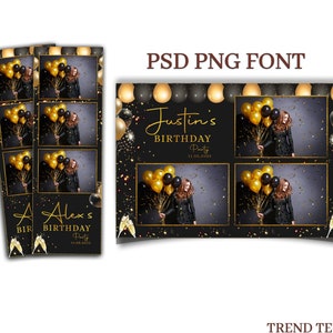 以下が含まれることがあります： 黒と金のフォトブーステンプレートで、テキストは「Justin's Birthday Party 11.06.2025」です。テンプレートには、黒い背景と金色のコンフェッティが散りばめられた4つの写真スペースがあります。