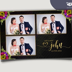 Wedding Photo booth Template, 4x6 strip, photobooth templates, Floral Bridal Photobooth Template, Purple Red flower, black and gold template