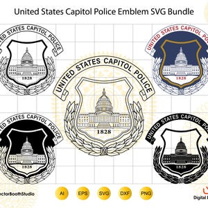 以下が含まれることがあります： United States Capitol Police Emblem SVG Bundleというタイトルのデジタルグラフィックバンドル。米国議会警察のエンブレムの5つのバリエーションが特徴です。各エンブレムには、連邦議会議事堂、1828年、月桂樹の冠の縁取りが描かれています。
