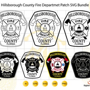 May include: A digital collection of Hillsborough County Fire Rescue Florida patch designs in various styles including black and white outlines, solid black, and a full-color version. The graphics feature crossed axes, a central building icon, and text.