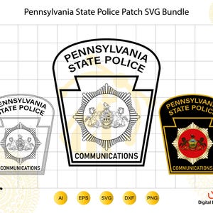 May include: A digital graphic bundle featuring the Pennsylvania State Police Communications patch in three variations: a black and white outline, a black and white filled version, and a full-color version with a black background and gold text.