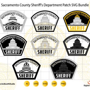 May include: A digital bundle of eight Sacramento County Sheriff department patch designs in various black, white, and yellow color schemes. Each shield-shaped emblem features a building illustration, the text SACRAMENTO COUNTY, and SHERIFF.