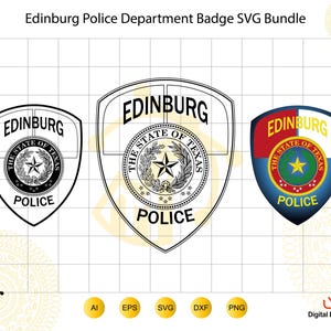 Op de afbeelding: Een digitaal grafisch pakket met het embleem van de Edinburg Police Department in drie varianten. Twee ontwerpen zijn zwart-wit lijntekeningen en één is een kleurenschild met rode, witte en blauwe secties, allemaal met het zegel van Texas.
