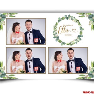 Modèle de photomaton de mariage, bande de 4 x 6 pouces avec couronne d&#39;eucalyptus, feuilles d&#39;un élégant modèle de photomaton d&#39;anniversaire minimaliste.