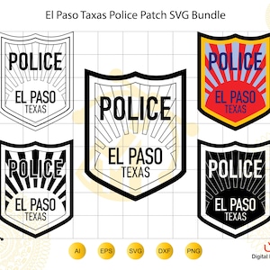 May include: A digital collection of five shield-shaped police patch designs labeled El Paso Texas. The graphics include variations in black and white line art, solid black, and a full-color version with red and blue sunburst patterns on a grid.