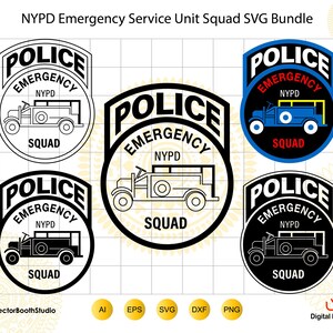 May include: A digital graphic bundle titled NYPD Emergency Service Unit Squad SVG Bundle featuring five shield-shaped emblems. Each emblem displays the text POLICE EMERGENCY SQUAD and NYPD with a line-art illustration of an emergency vehicle.