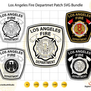 May include: A digital graphic bundle featuring five variations of the Los Angeles Fire Department patch logo. Each shield-shaped emblem displays the text Los Angeles Fire Department, crossed axes, and a central seal with an eagle and Founded 1886.