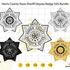 May include: A digital graphic bundle featuring five variations of the Harris County Texas Sheriff Deputy badge. The designs include black and white outlines, a solid black version, and a gold-toned version, all displaying the text Harris County Sheriff's Office and The State of Texas.
