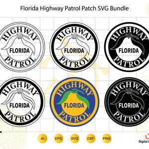 May include: A digital collection of six circular Florida Highway Patrol patch designs, including five black and white versions and one blue, yellow, and green version, all featuring the text HIGHWAY PATROL and FLORIDA with a central fruit graphic.