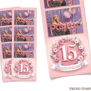 Photo booth template, Quinceañera Photobooth Template, Sweet 16 Photo Booth, 2x6 Strip, Birthday, Pink Flower, Birthday Photobooth Template.