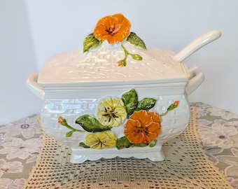 Vintage Lefton China soup tureen and ladle, pansy flower pattern, Japan