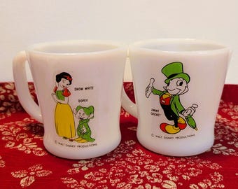 Vintage Disney Fire King Coffee Cups, Snow White and Jiminy Cricket, Set of Two