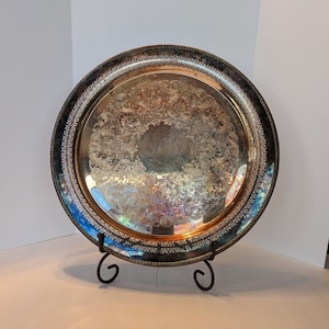 Wm Rogers Silverplated Tray 15&quot; Eagle and Star #4372P 1950s, Pierced and Roped Edges