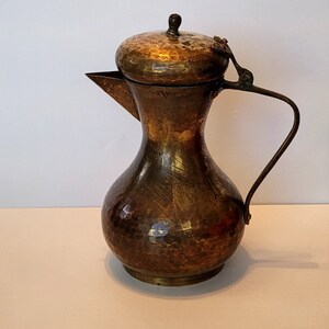 Dallah Arabic Middle Eastern Coffee Pot, Antique Copper Brass , Marked on Bottom 1940s