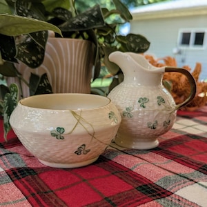 Vintage Belleek Shamrock Sugar Bowl and Creamer Set: Irish Porcelain, Basket Weave