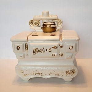 McCoy Cookie Jar, Old Cook Stove with Gold Trim, Authentic McCoy USA on bottom 1960s